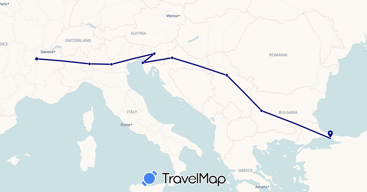 TravelMap itinerary: driving in Bulgaria, France, Croatia, Italy, Serbia, Slovenia, Turkey (Asia, Europe)